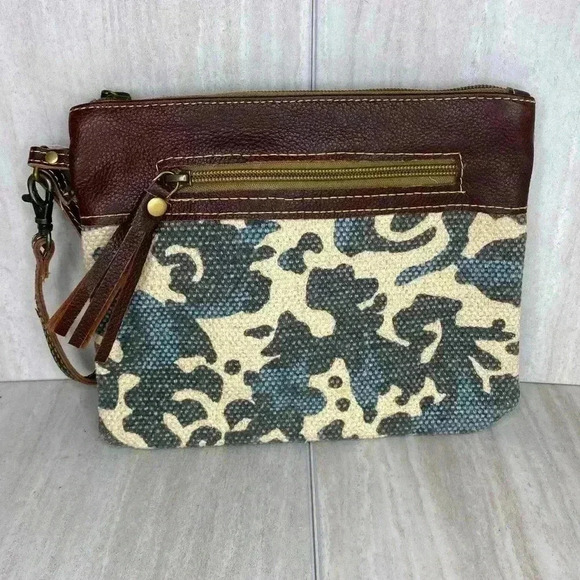 Myra Bag Distressed Canvas & Leather Pouch Wristlet - Picture 1 of 5